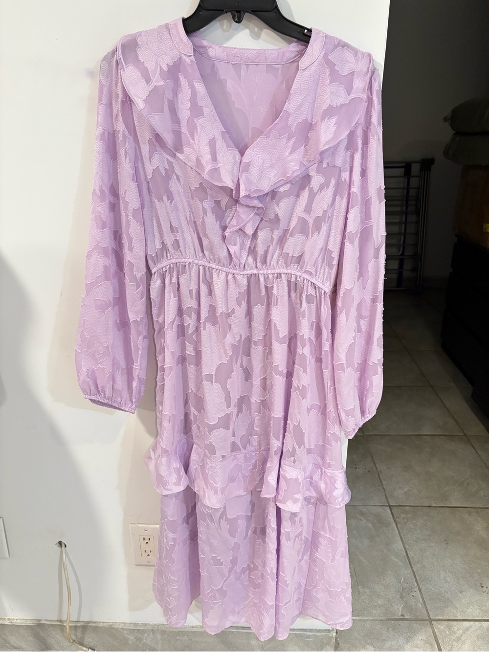 Lilac Ruffle V-Neck Long Sleeve Midi Dress